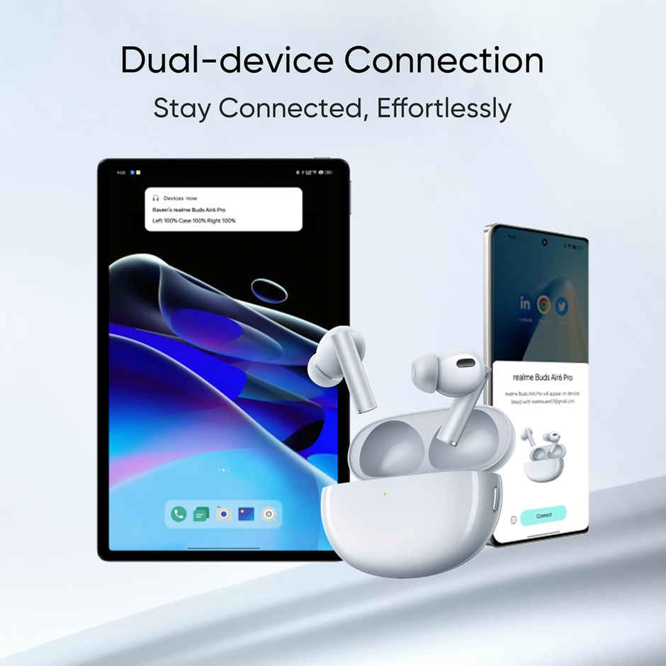 realme in Ear Buds Air 6 Pro with Dual Drivers(11Mm+6Mmtweeter),40 Hours Play Time,Fast Charge,50 Db ANC,Lhdc 5.0,55Ms Low Latency, Spatial Audio,Ip55 Dust&Water Resistant,Bt V5.3(Silver Blue)