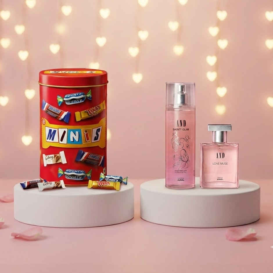 Snickers Best Of Our Minis Chocolate Gift Tin (133g) & And By Ajmal Love Muse Eau De Perfume & Dainty Glam Body Mist For Women (250ml) Combo