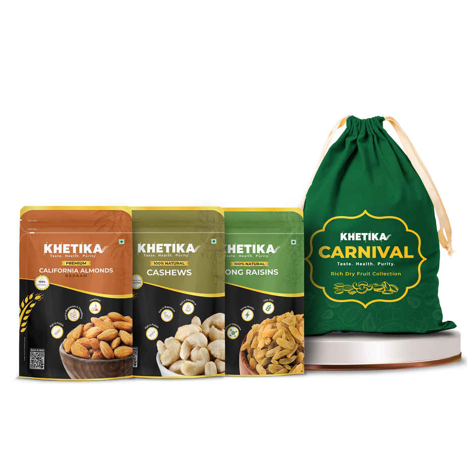 Khetika Heritage Dry Fruits Diwali Gift Pack Potli Almonds, Cashews & Raisins