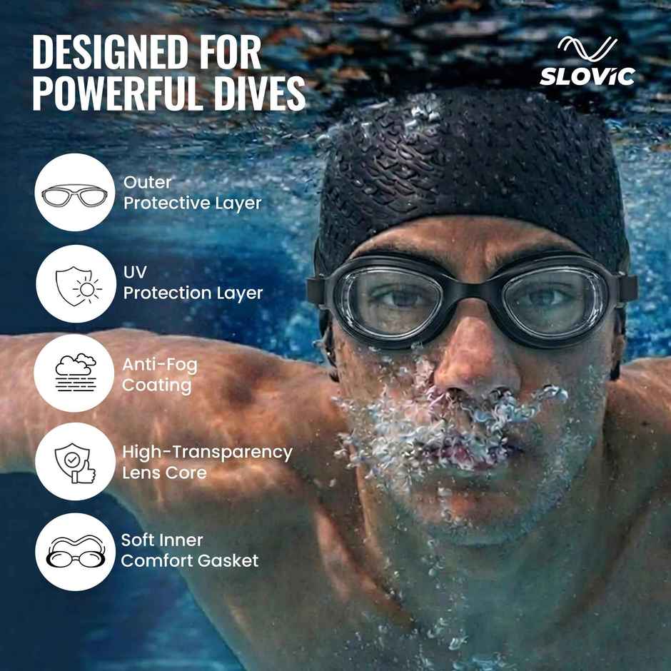 Slovic Anti-Fog Unisex Swimming Goggles with UV Protection & Adjustable Strap - Black