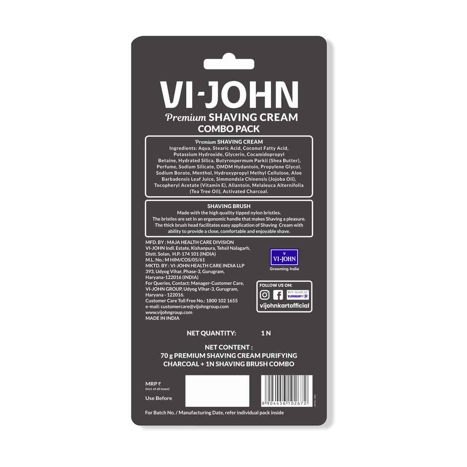 VI-JOHN Premium Dermatologically Tested Purifying Charcoal Shaving Cream with Shaving Brush