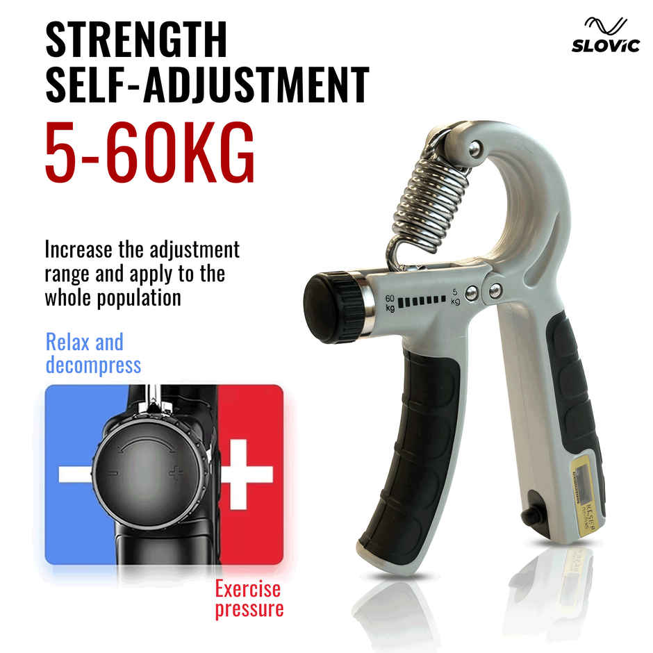 Slovic Adjustable Hand Gripper with Counter | up to 60 kg | Ideal for Gym & Home Workout | Black & White