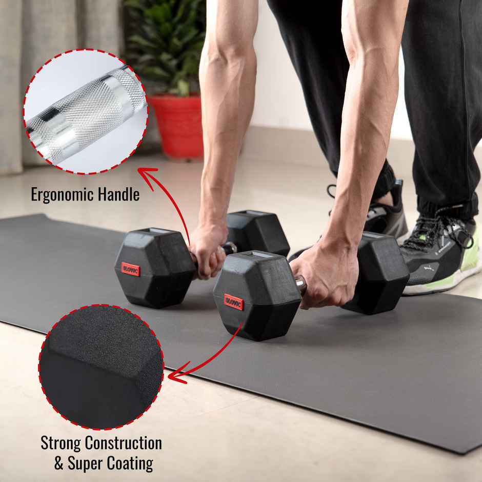 Slovic Hex Rubber Coated Dumbbell Set (10 kg X 2) | Black | Home Gym | Non-Slip Coated Handle