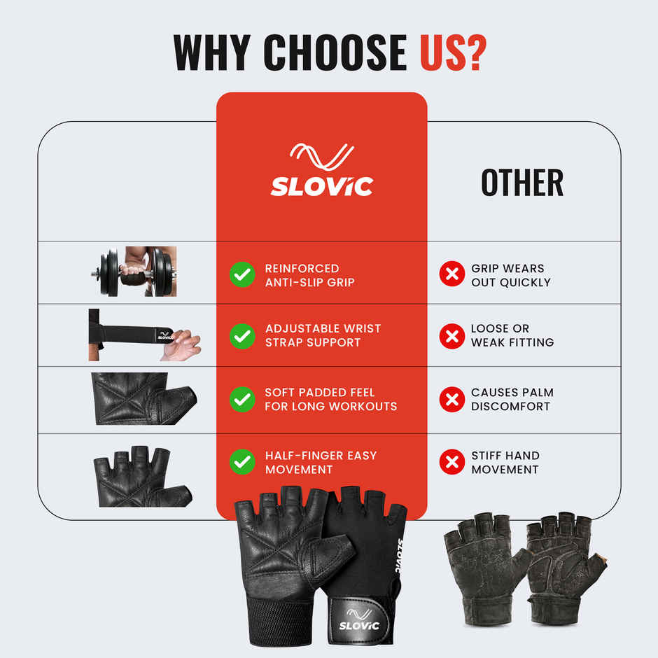 Slovic Leather Gym Gloves with Wrist Support Accessories for Men & Women | M