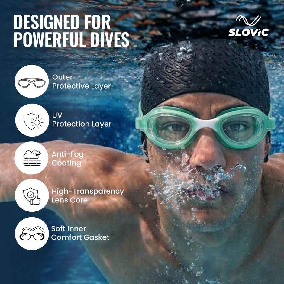 Slovic Anti-Fog Unisex Swimming Goggles with UV Protection & Adjustable Strap - Black