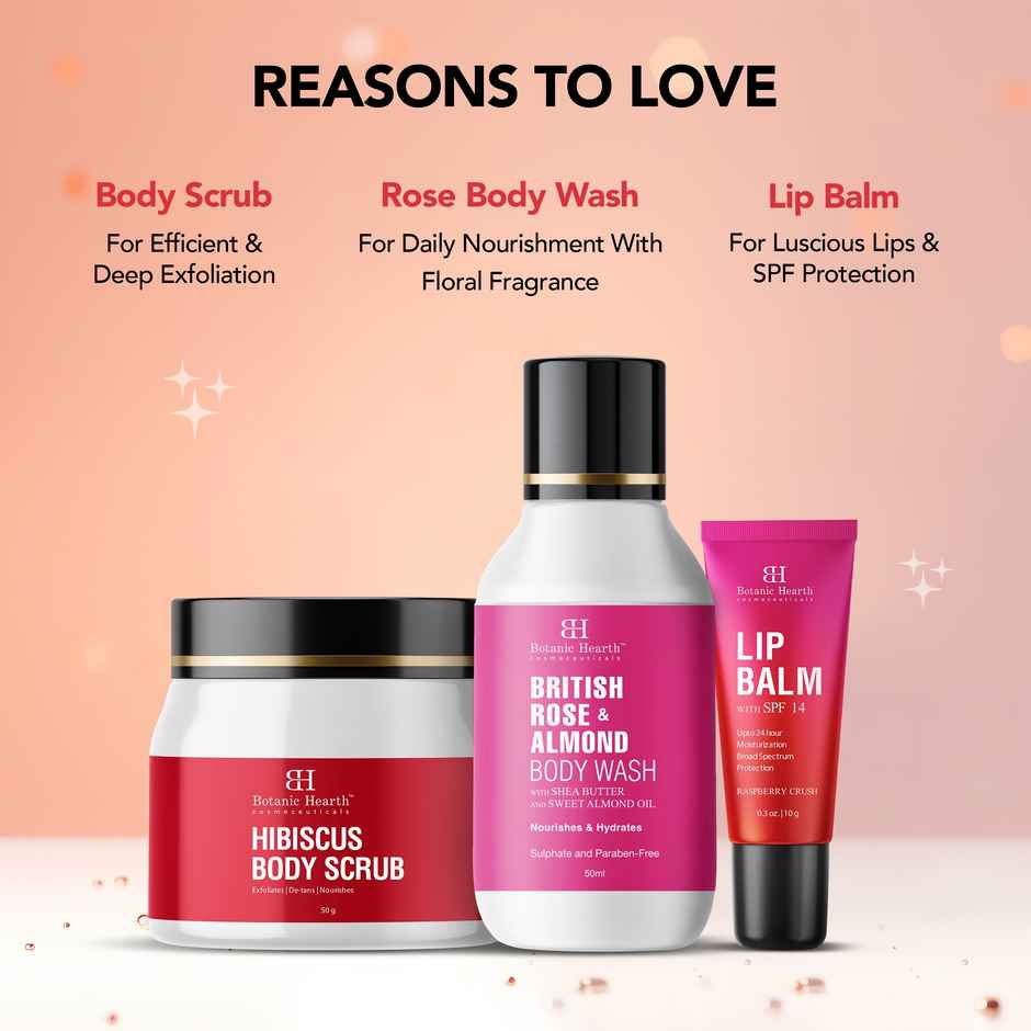 Botanic Hearth Gift Set of 3- Hibiscus Body Scrub | Raspberry Lip Balm | British Rose Body Wash
