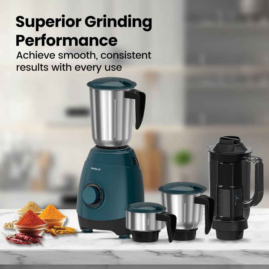Havells ESO Mixer Grinder | 750 W | 4 Jars | 304 SS Blades | High Speed | 21000 RPM - Teal & Black