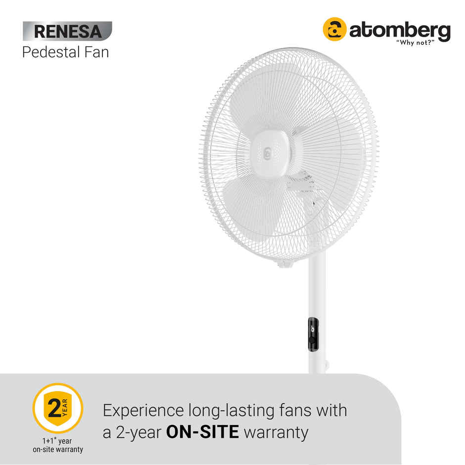 Atomberg Renesa BLDC Pedestal Fan, 400mm, Remote Control, LED Display, 6 Speeds, Snow White