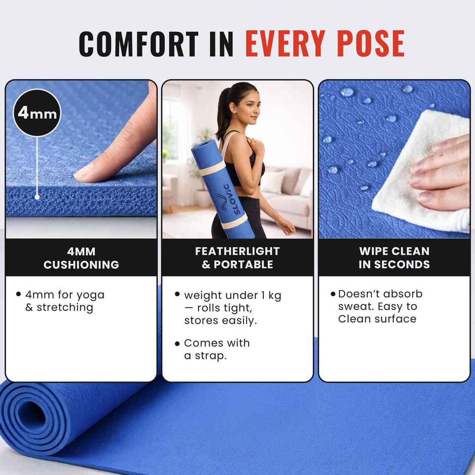 Slovic 4mm Anti-Slip EVA Yoga Mat with Carry Strap | Ideal for Indoor & Outdoor Use | Blue