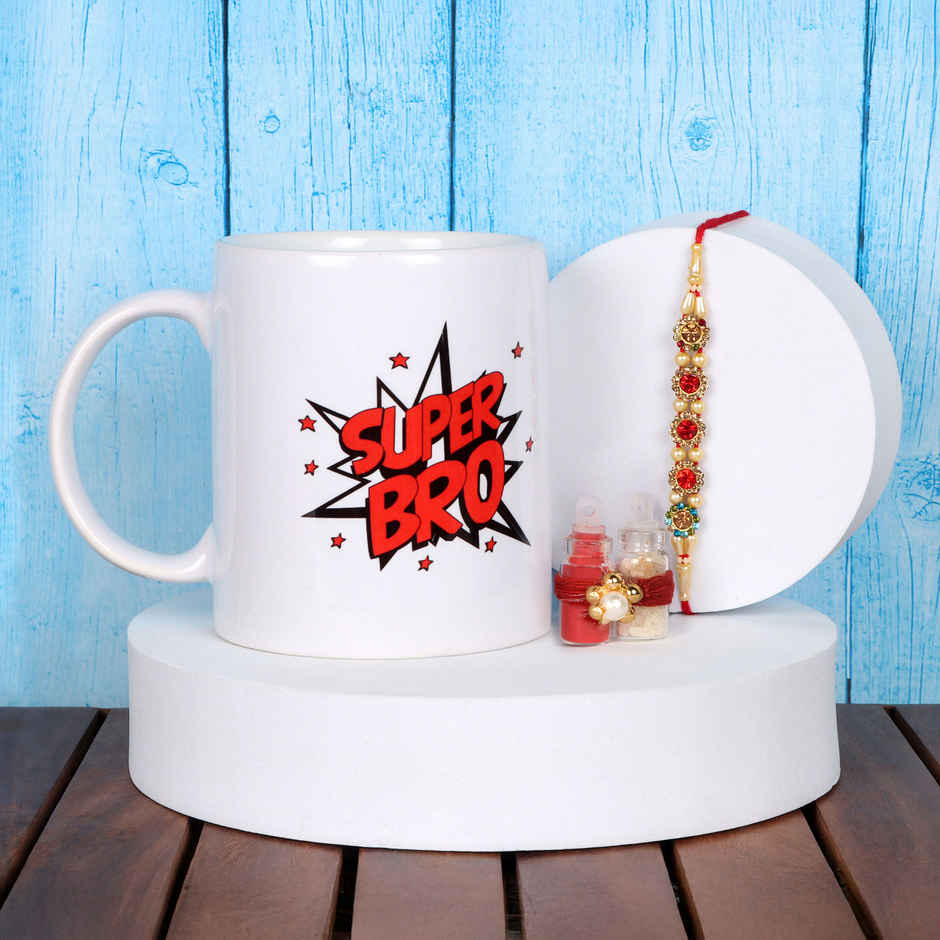Quace Floral Rakhi and Super Bro Mug Gift Hamper