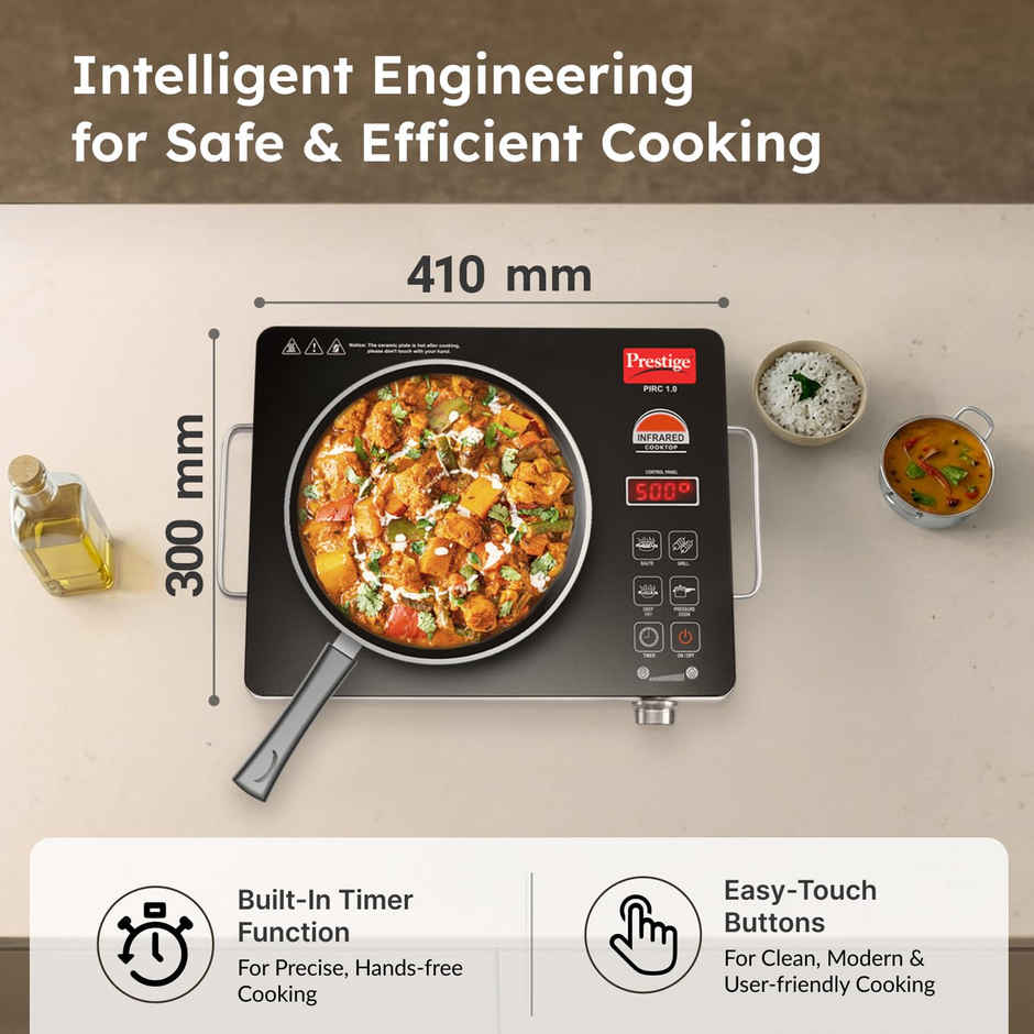 Prestige PIRC 1.0 2200W Infrared Cooktop, Preset Indian Menu Options & Timer, Black, 1Y Warranty,BIS