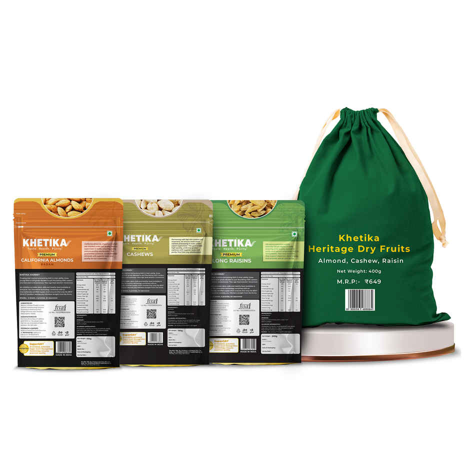 Khetika Heritage Dry Fruits Diwali Gift Pack Potli Almonds, Cashews & Raisins