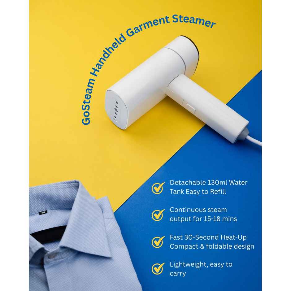Gharsmith Garment Steamer for Clothes Fast Iron Press, 1300watt, 30 sec Fast Heating, Compact & Foldable, 130ml Water Tank - White