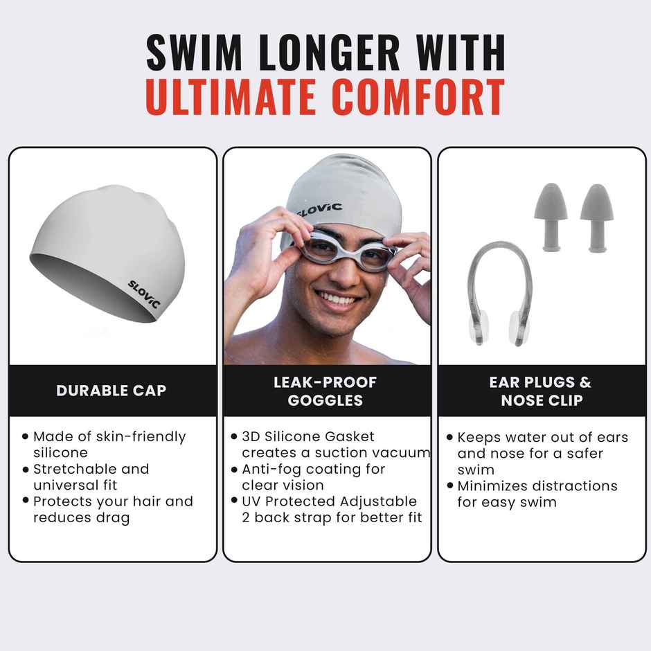 Slovic Swimming Kit with Goggles & Cap - Anti-Fog Comfortable Fit, Leak-Proof Frame - Grey