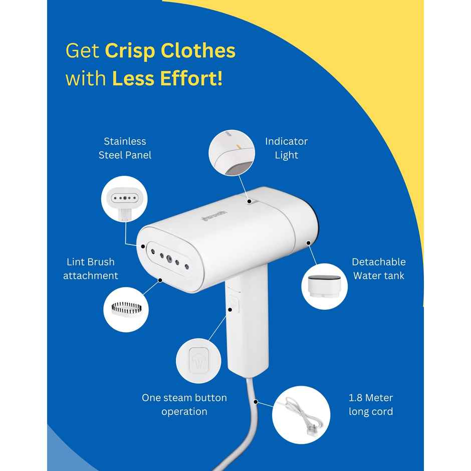 Gharsmith Garment Steamer for Clothes Fast Iron Press, 1300watt, 30 sec Fast Heating, Compact & Foldable, 130ml Water Tank - White