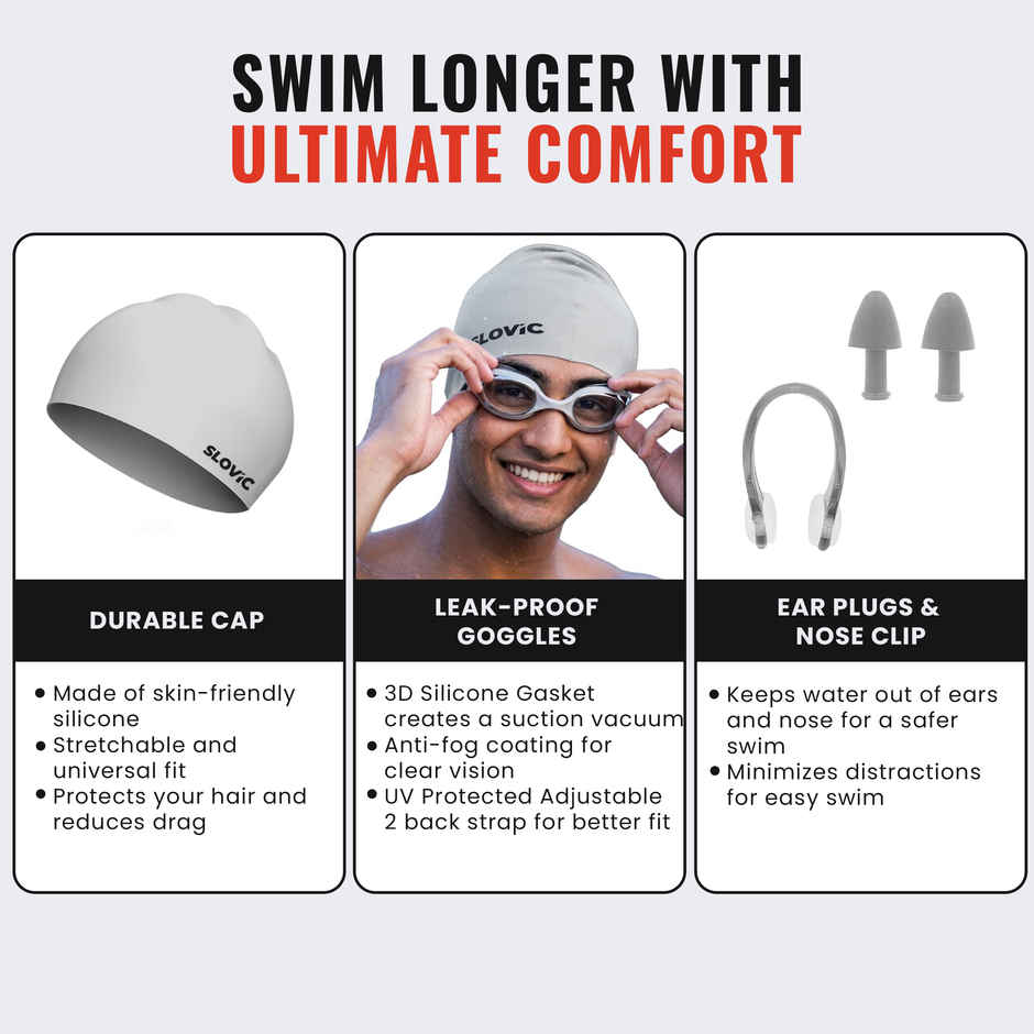 Slovic Swimming Kit with Goggles & Cap - Anti-Fog Comfortable Fit, Leak-Proof Frame - Grey