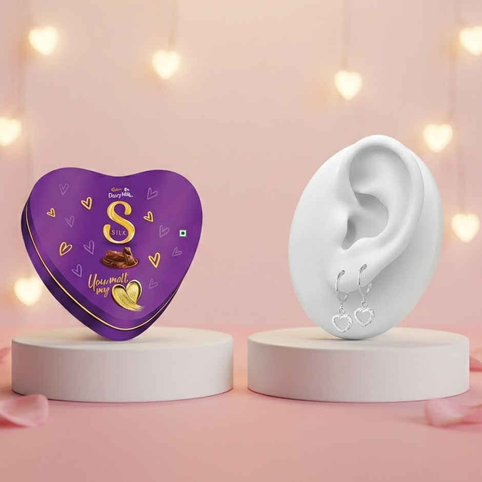 Cadbury Dairy Milk Silk Heart Shaped Valentines Chocolate Gift Box (135g) & Giva Silver Small Heart Drop Earrings (1pc) Combo