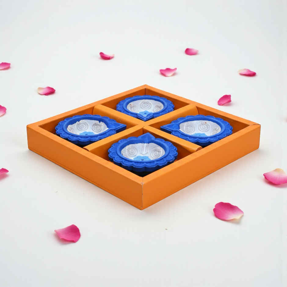 Evil-Eye Decorative Diya | Designer Clay Diya | Pack Of 4 | Blue & White | Tota