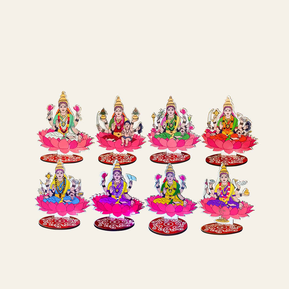 MDF Ashtalakshmi Stand | 4 Inch | Return Gift | 8 Forms of Goddess Lakshmi Cutout | Diya/Naivedyam Stand for Pooja Room & Mandir | Svasti