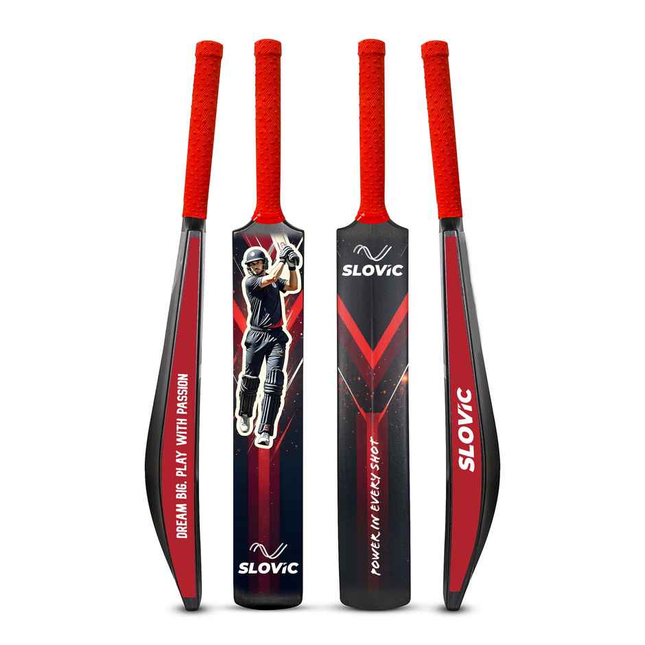 Slovic Lightweight Plastic Tennis Ball Cricket Bat with Soft Grip, Full Size, Black & Red