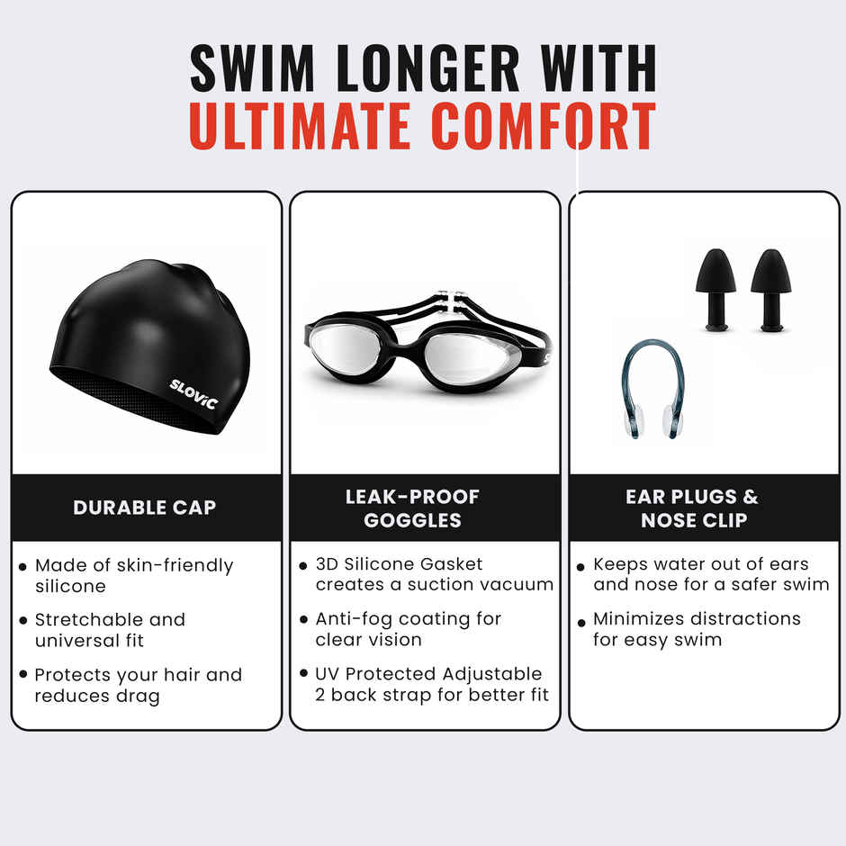 Slovic Swimming Goggles & Cap Kit for Pool and Swim Training - Black