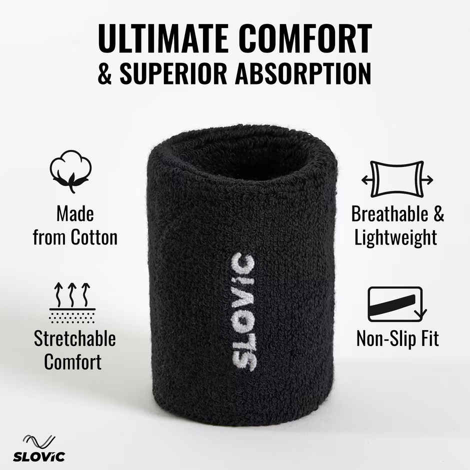 Slovic Cotton Wrist Band for Men & Women, Stretchable | Breathable & Sweat Absorbing | Black