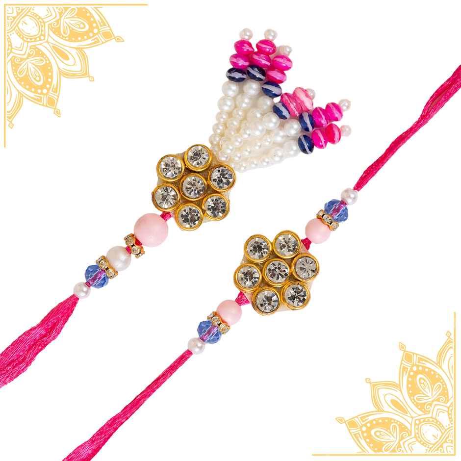 Bandhan Desinger Unique Minimalistic Pink Rakhi Lumba Set For Brother And Bhabhi (1pc) & Avyaan Rakhi - Men'S Single - Abstract (1pc) Combo