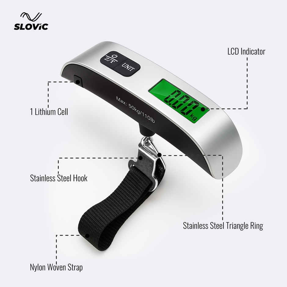 Slovic Digital Luggage Scale with LCD Indicator | Black & Silver - Capacity 50 kg