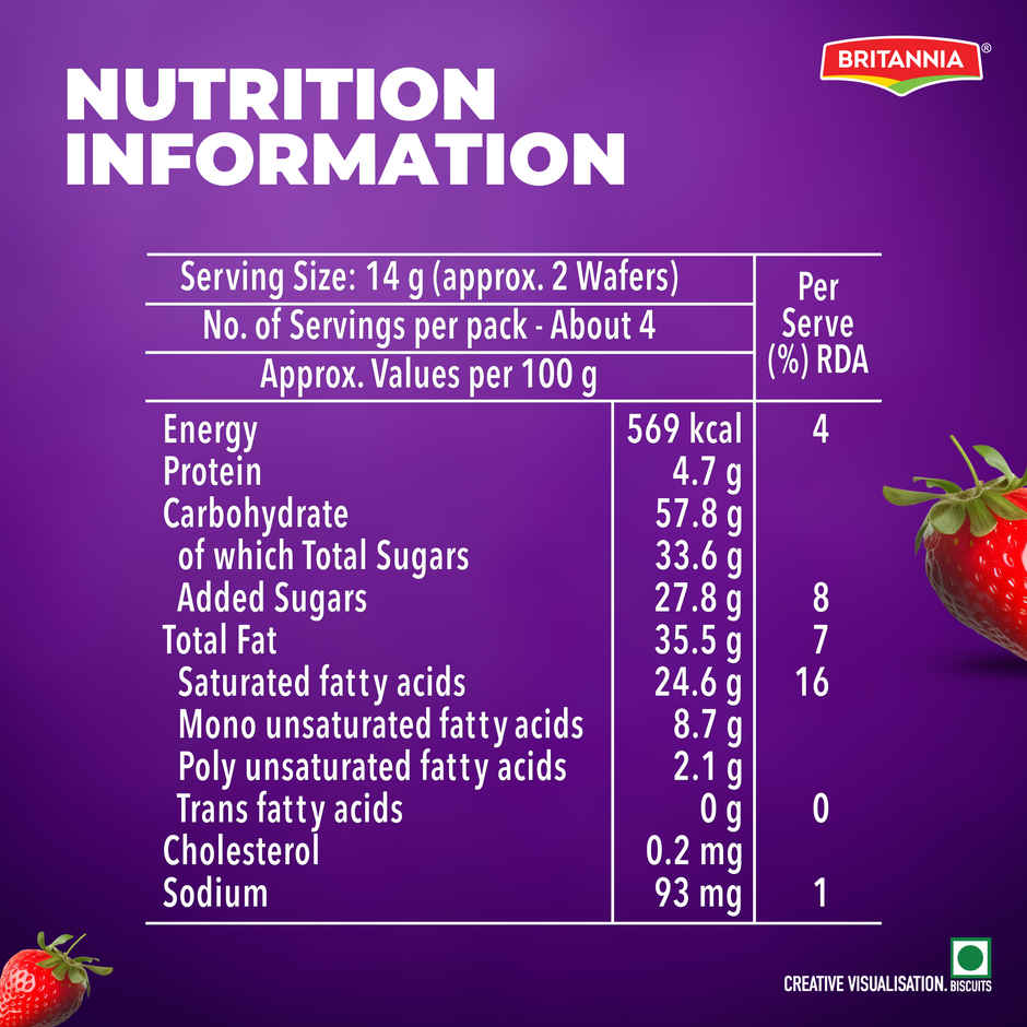 Britannia Treat Rich Creme Strawberry Flavoured Wafers | Light Crispy Fruity Snack