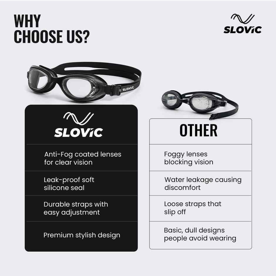 Slovic Anti-Fog Unisex Swimming Goggles with UV Protection & Adjustable Strap - Black