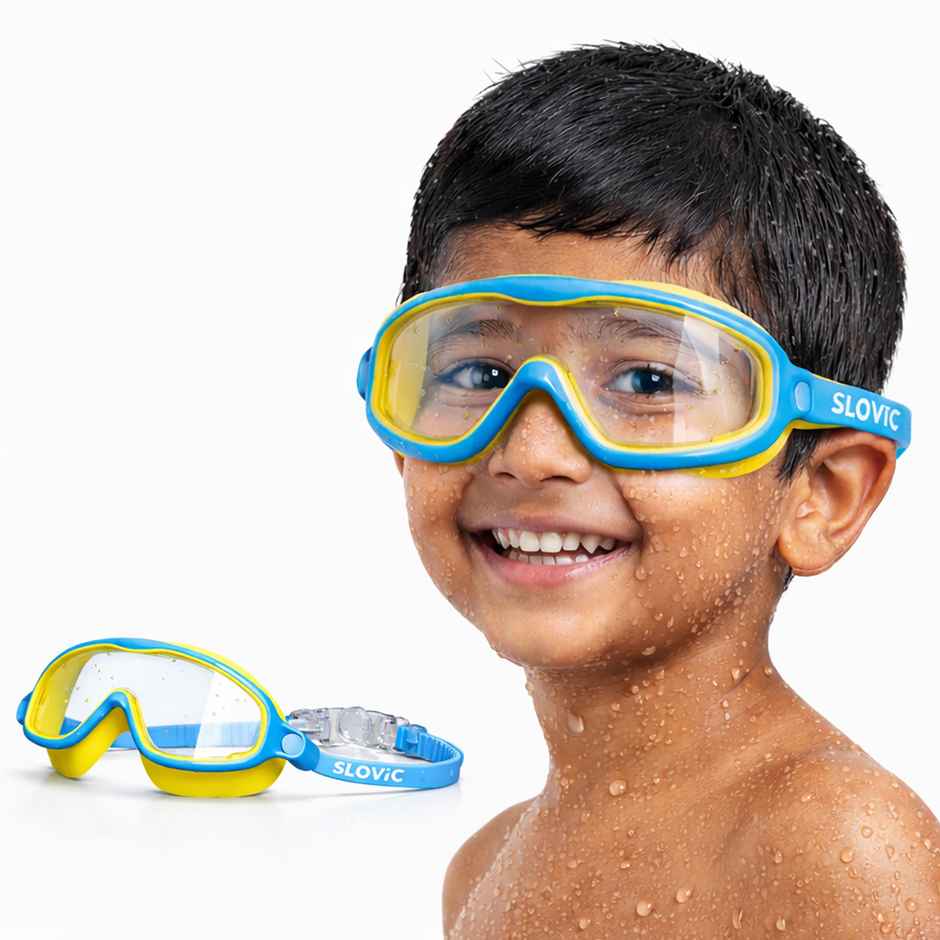 Slovic Kids Swim Goggles for Ages 6-14 with Ear Plugs with Anti-Fog & UV Protectection - Blue/Yellow