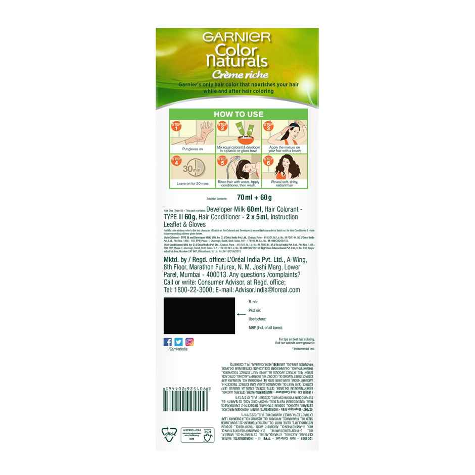 Garnier Color Naturals Long-Lasting Creme Hair Color | Darkest Brown - Shade 3 Combo