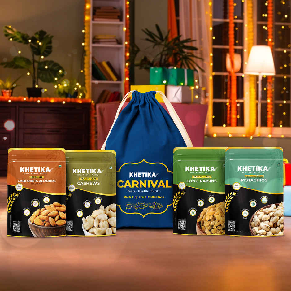 Khetika Legacy Dry Fruits Diwali Gift Pack Potli Almonds, Cashews, Pistachios & Raisins