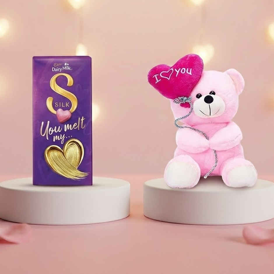 Cadbury Dairy Milk Silk Valentines Heart Blush Chocolate Bar Gift Pack (250g) & Dearjoy I Love You Balloon Teddy 30 Cm (1pc) Combo