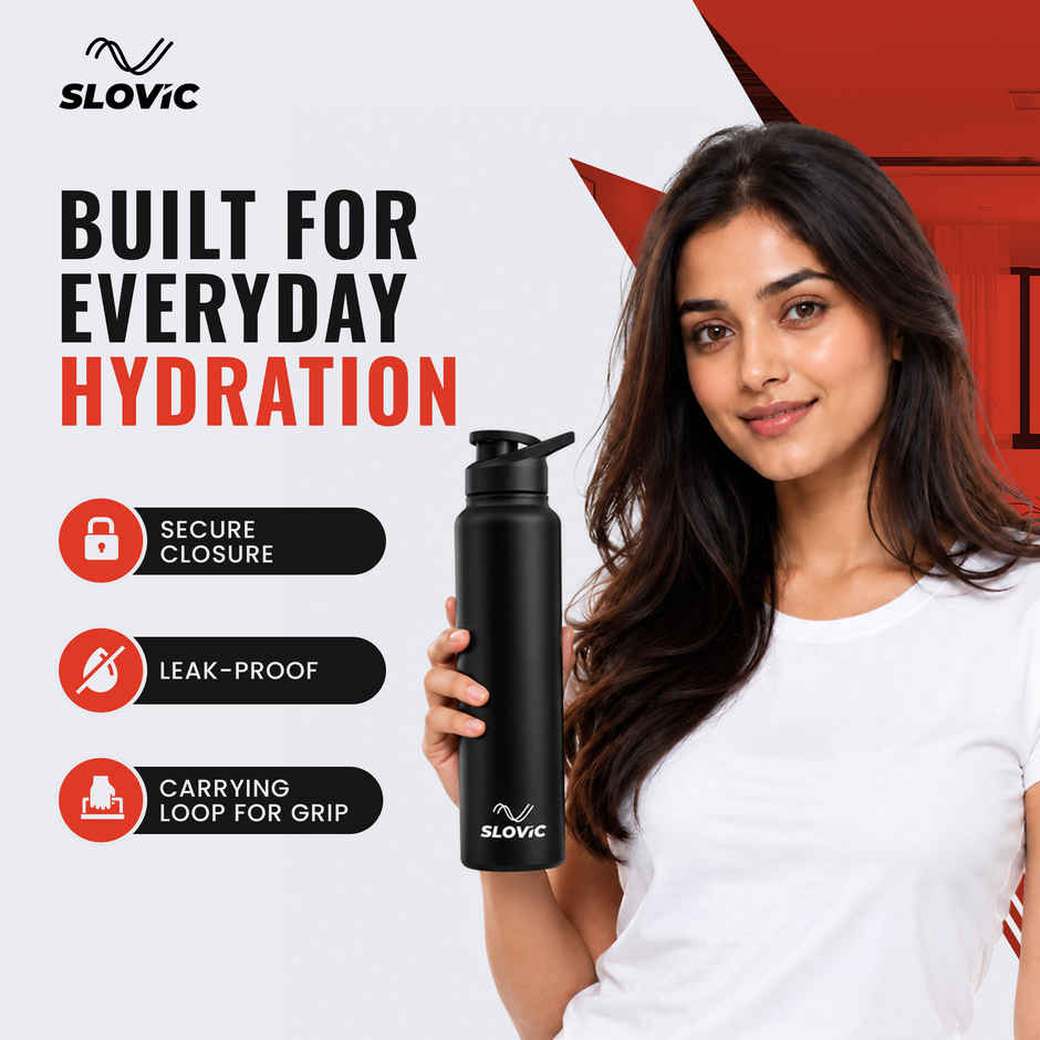 Slovic 1L Stainless Steel Water Bottle with Sipper Cap | 100% BPA Free & leak-Proof | Black