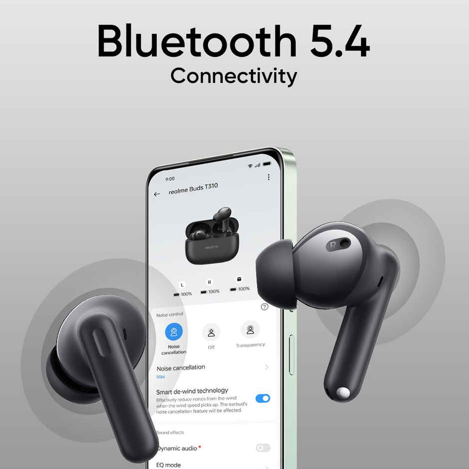 Realme Buds T310 in-Ear TWS Earbuds with 46dB Hybrid ANC, 360 Degree Spatial Audio, 12.4mm Dynamic Bass Driver, Upto 40Hrs Battery and Fast Charging - Vibrant Black