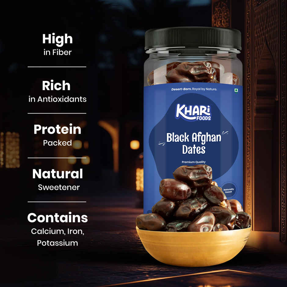 Khari Foods Premium Black Afghan Dates - Can Pack | High Energy Khajur, Dry Fruit Khajoor