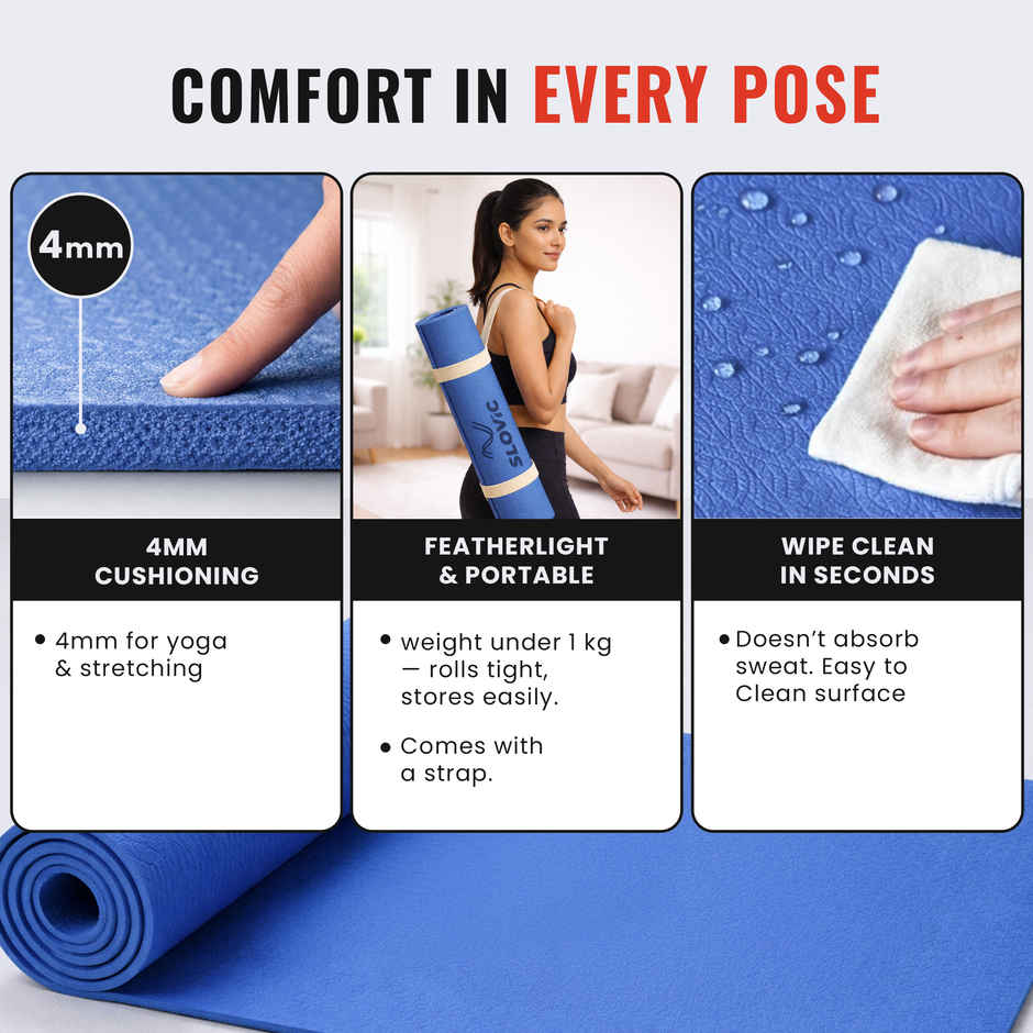 Slovic Yoga Mat EVA 4mm with Strap - Lightweight, Non-Slip Exercise & Fitness Mat for Home & Gym