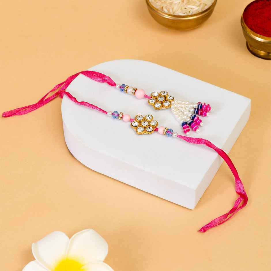 Bandhan Desinger Unique Minimalistic Pink Rakhi Lumba Set For Brother And Bhabhi (1pc) & Avyaan Rakhi - Men'S Single - Abstract (1pc) Combo