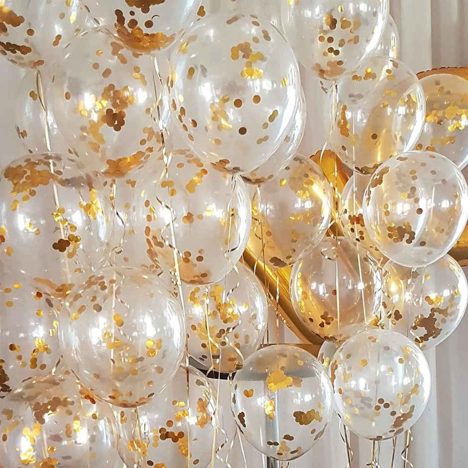 Just Party Golden Confetti Balloons For Decoration - Pack Of 10 Transparent Balloons