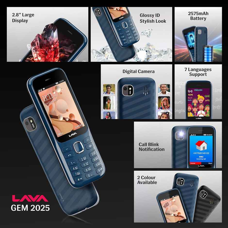 Lava Gem 2025 Dual Sim Keypad Phone (2.8" Display, Camera & Flash) | 2575mAh Smart AI | Blue Chrome