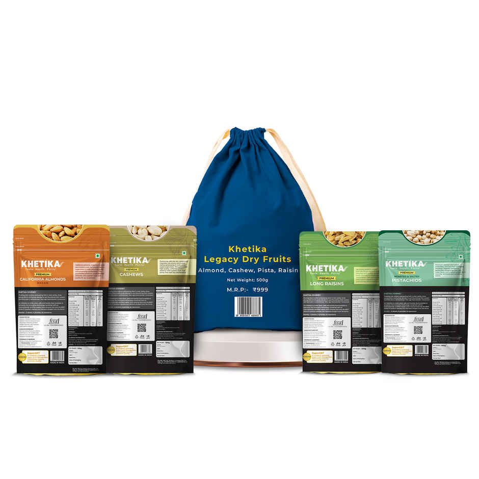 Khetika Legacy Dry Fruits Diwali Gift Pack Potli Almonds, Cashews, Pistachios & Raisins