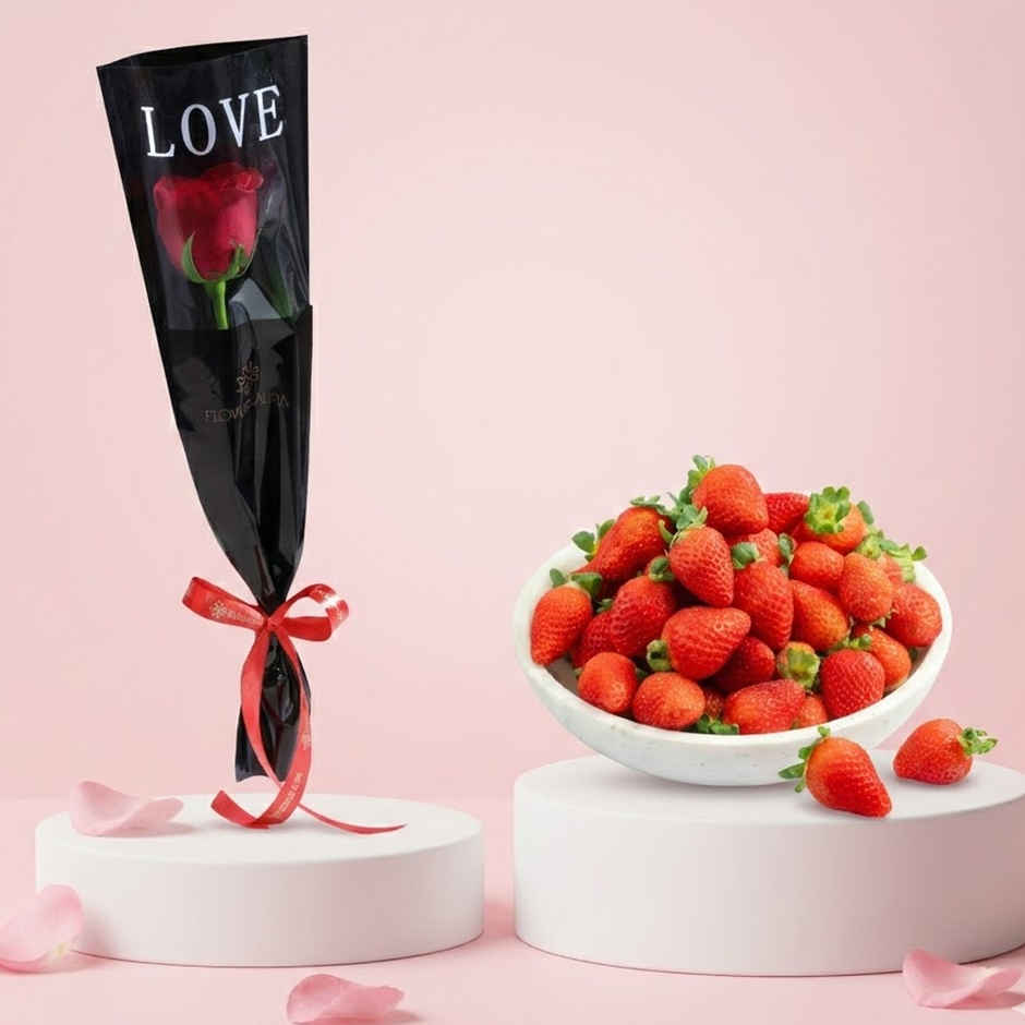 Floweraura Signature Red Rose In Sleeve (1pc) & Strawberry (1pc) Combo