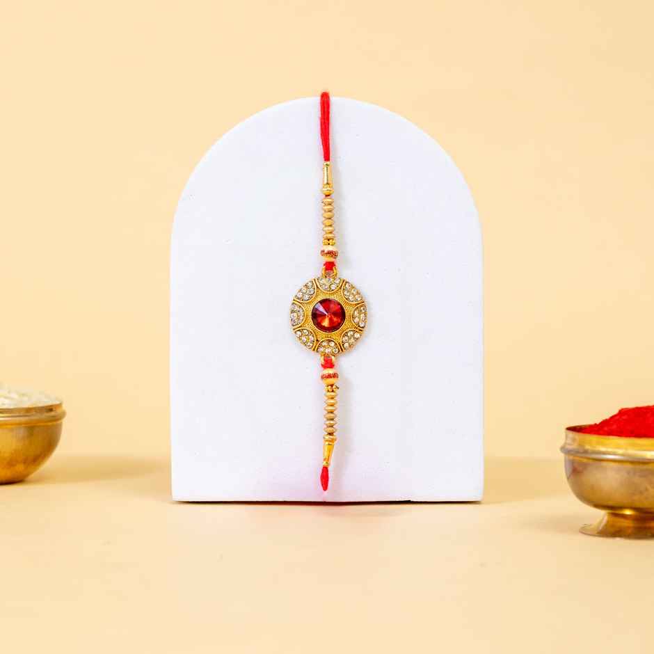 Stone Red Stone Round Shaped Kundan Rakhi With Mauli (BANDHAN)