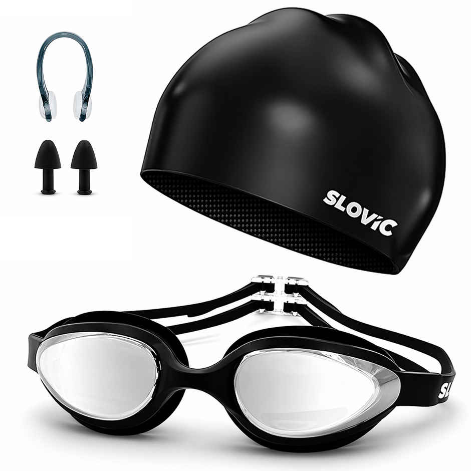 Slovic Swimming Goggles & Cap Kit for Pool and Swim Training - Black