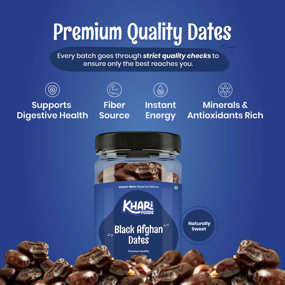 Khari Foods Premium Black Afghan Dates - Can Pack | High Energy Khajur, Dry Fruit Khajoor