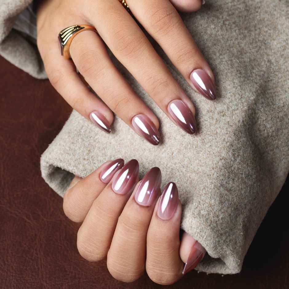 Pep Nails Brown Glow Medium Almond Brown Metallic Soft Gel Reusable Press On Nails | 30 Nail Tips