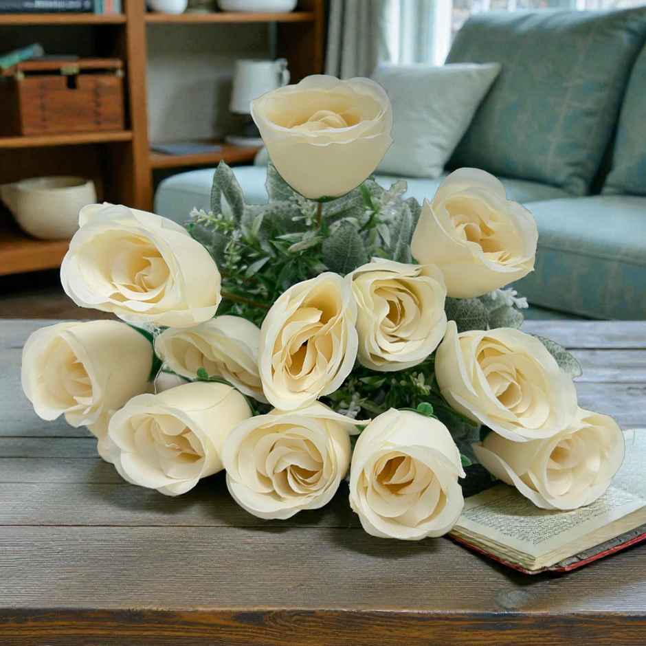 Art Street Artificial White Rose Flower Bunch | Bouquet Home Decoration