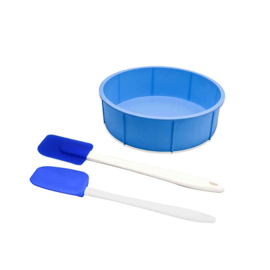 Spine Silicone Combo Set of 3pc |wooden Stick Spatula | With Round Cake Mould 8 Inch Multicolor