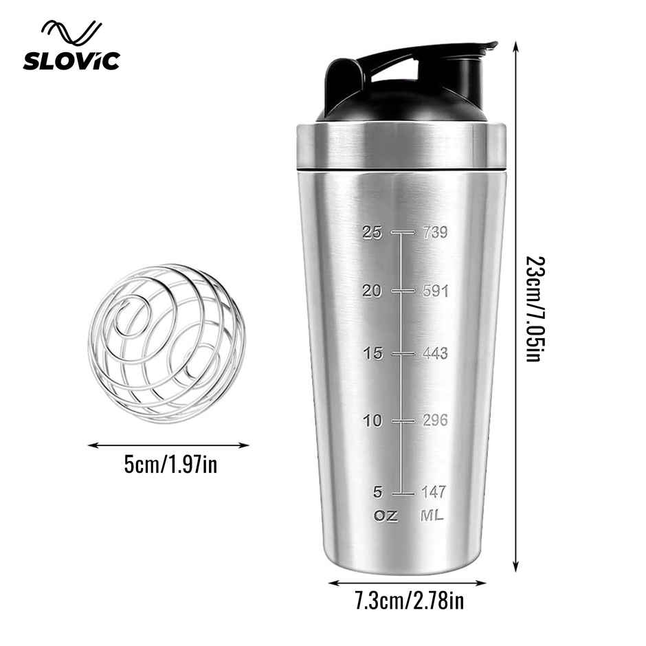 Slovic 750ml Stainless Steel Shaker Bottle for Gym with Leakproof Lid & Blender Ball | 100% BPA Free